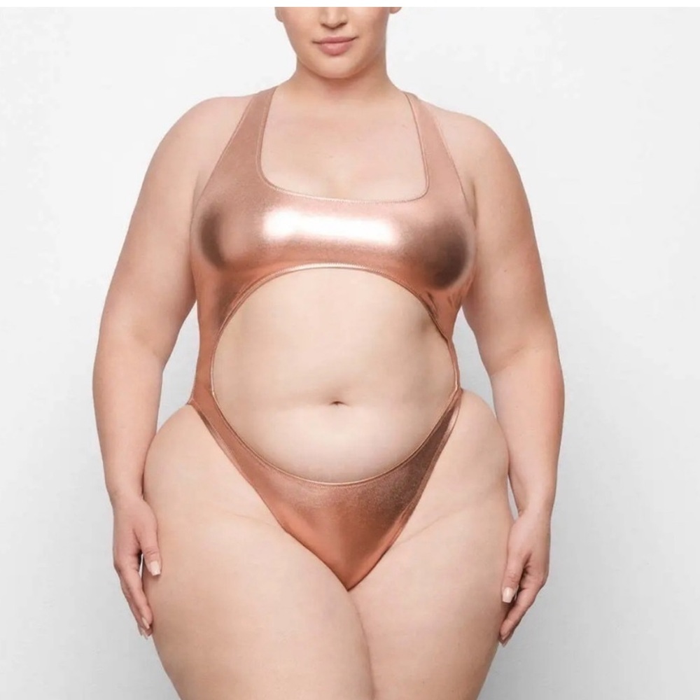 SKIMS Metallic Swim Cut Out Monokini in Champagne Rose Gold NWT
